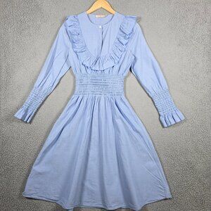 Tory Burch Dress Size 6 Light Blue Midi Smocked Ruffle Peasant Cottagecore L/S